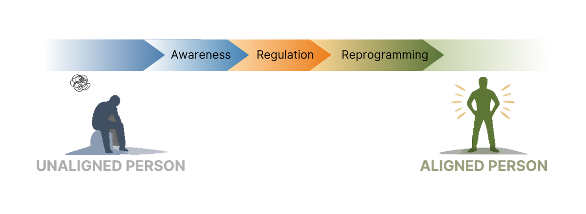 Mekanisme transformasi: Awareness, Regulation, Reprogramming — dari Unaligned Person menjadi Aligned Person